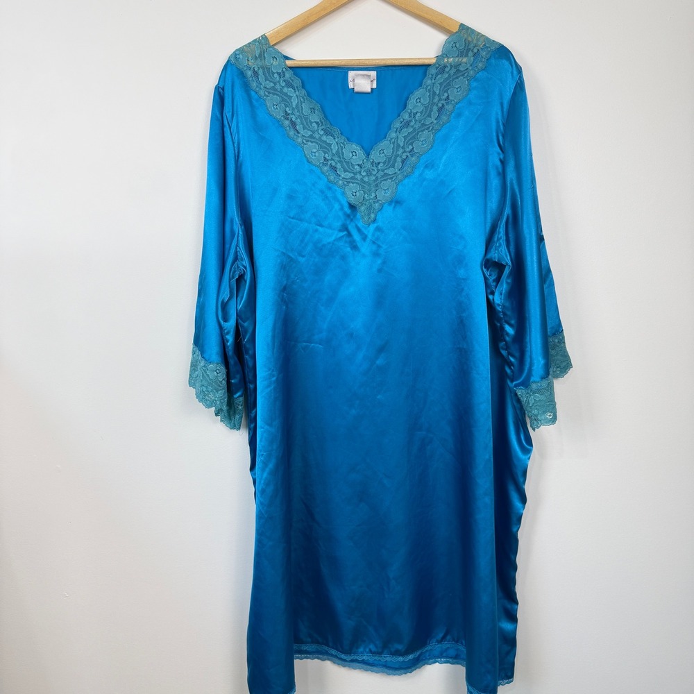 Amoureuse Satin Lace Trim Nightgown Women 2X Blue Sleepwear